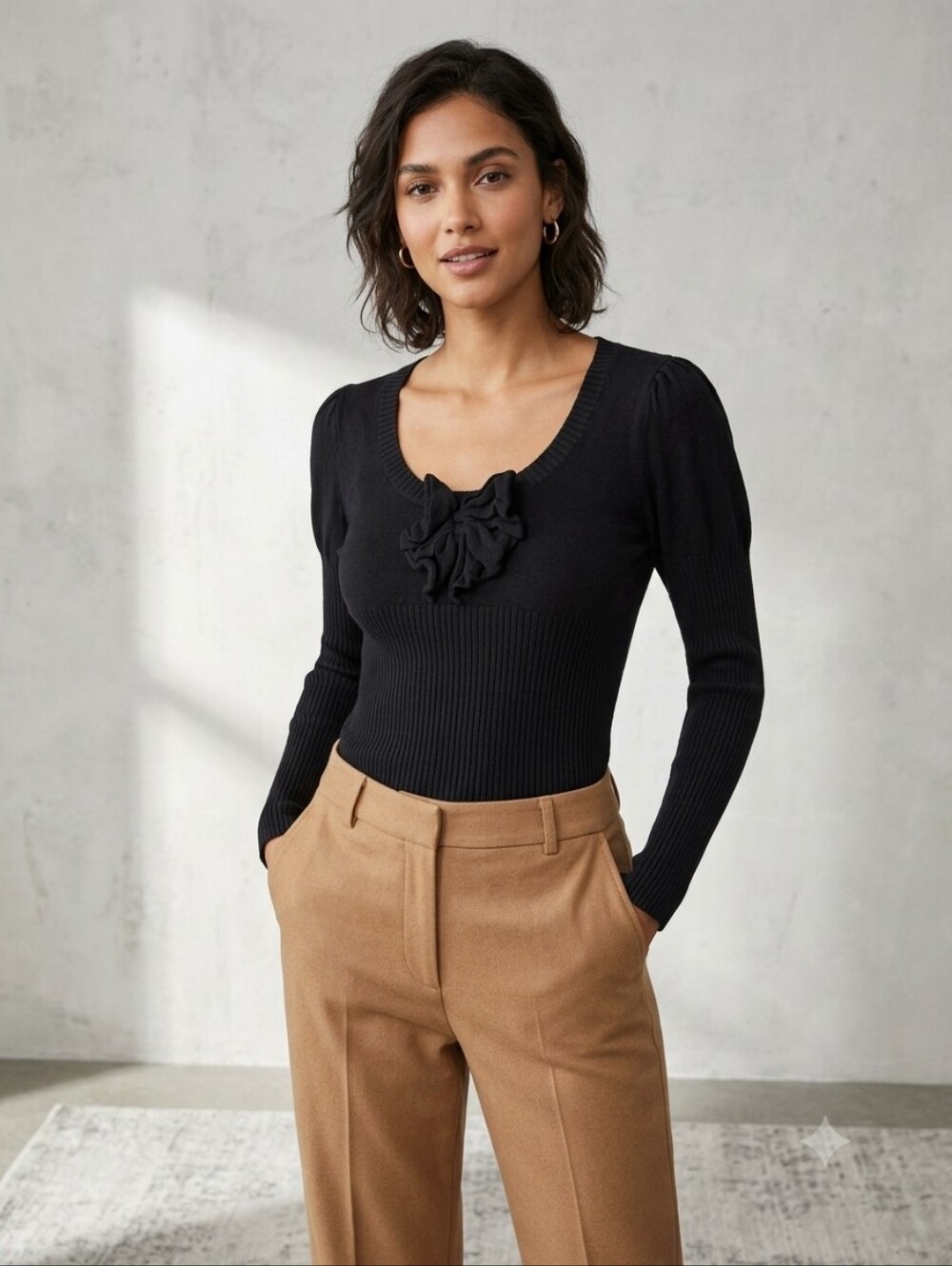 DKNY Jeans Black Ribbed Knit Ruffle Rosette Top Scoop Neck Puff Sleeve Sweater